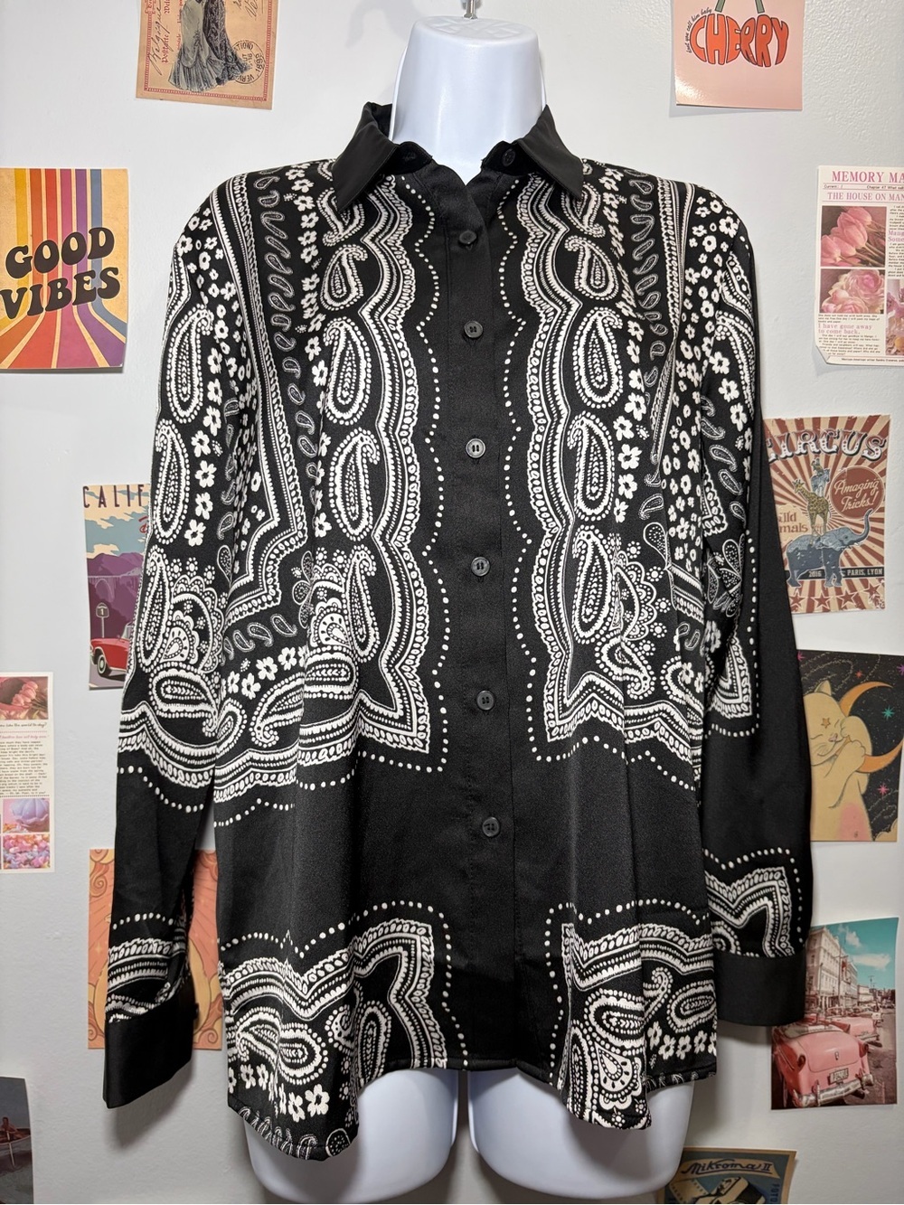 LOFT Black and White Bandana Print Button-Up Shirt